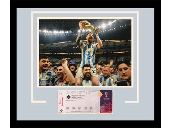 Lionel Messi Argentina 2022 World Cup 11x14 Celebration Photo Deluxe Framed with Replica World Cup Ticket