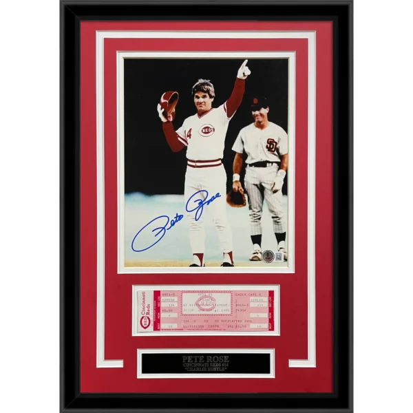 Pete Rose Autographed Cincinnati Reds (4192 Hit) Framed 8x10 Photo with Replica Game Ticket - JSA